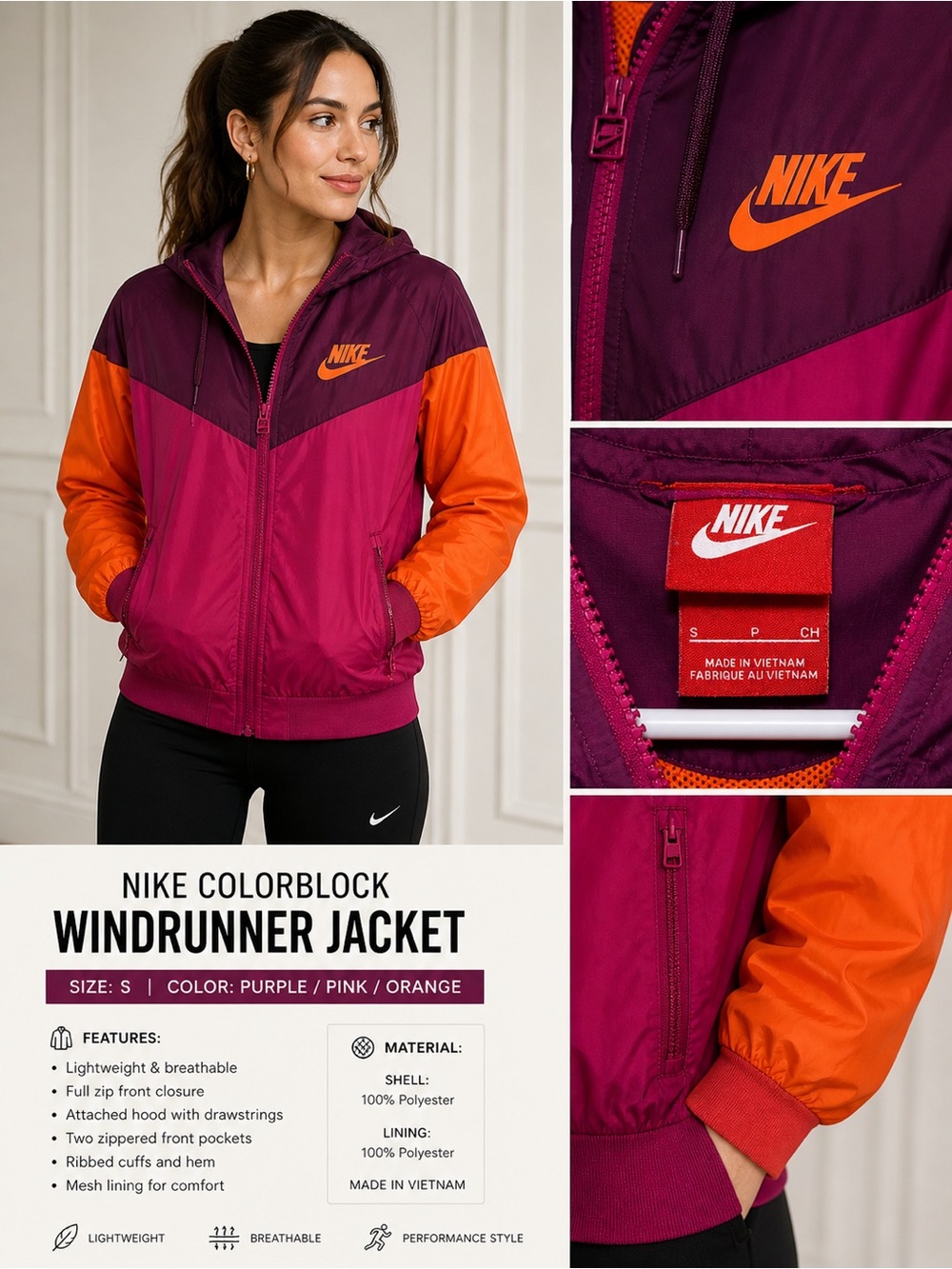 Nike Colorblock Windrunner Jacket - Purple/Pink/Orange size small